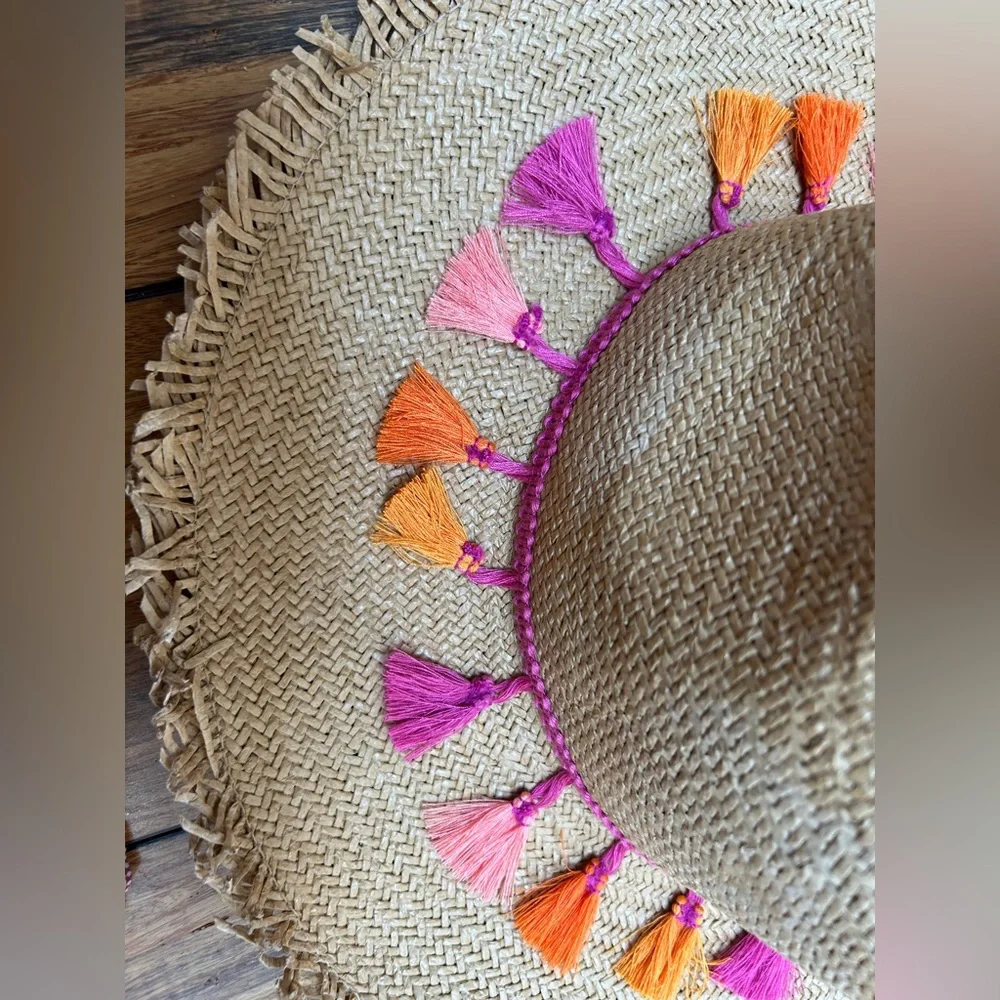 NWOT Straw Hat with multicolored tassles. Adjustable - Picture 3 of 3